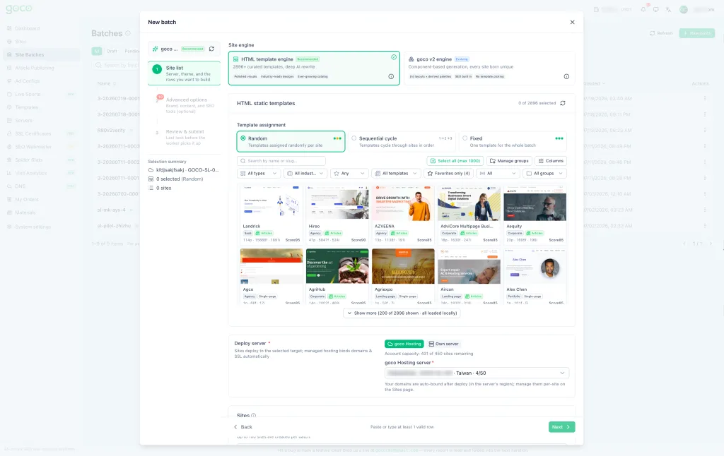 New batch · Site info (Step 1) — GOCO