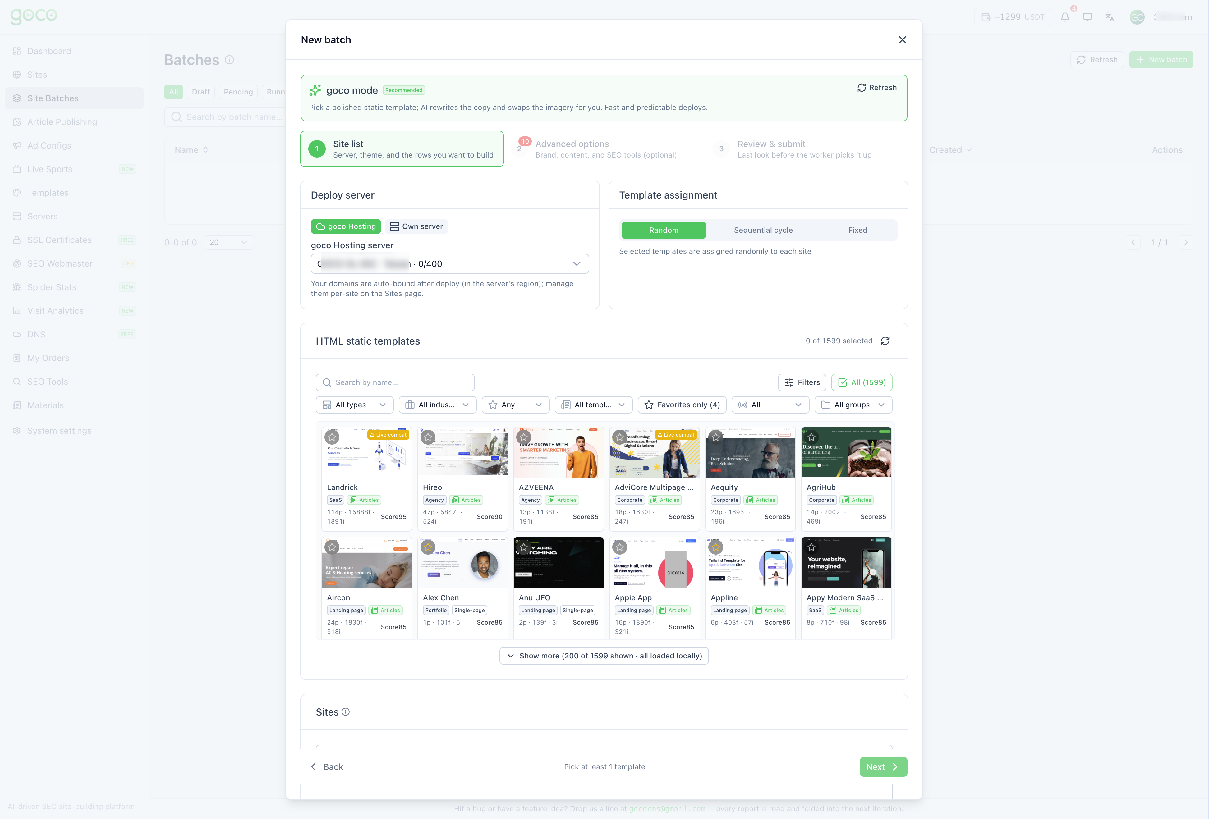 New batch · Site info (Step 1) — GOCO